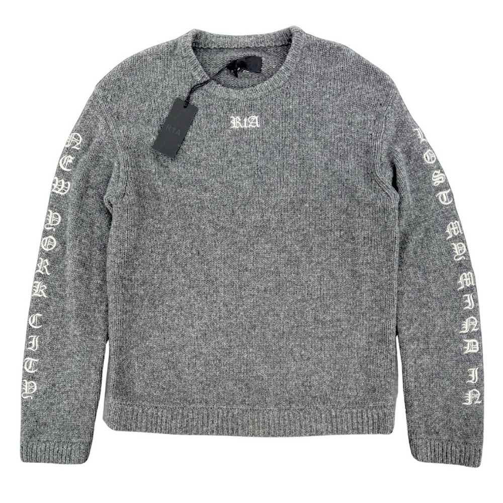 RtA Large Cashmere Embroidered‎ My Mind In New York City Crew Neck Sweater Gray